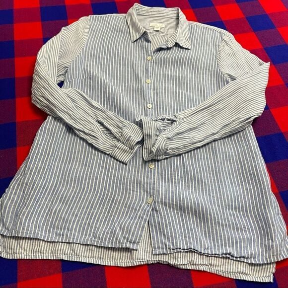 J. Jill Love Linen Blue White Stripe Button Up Shirt Size Small Petite Small - Picture 8 of 11